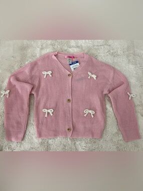 Girls' Pink Bow-Appliqué Knit Cardigan